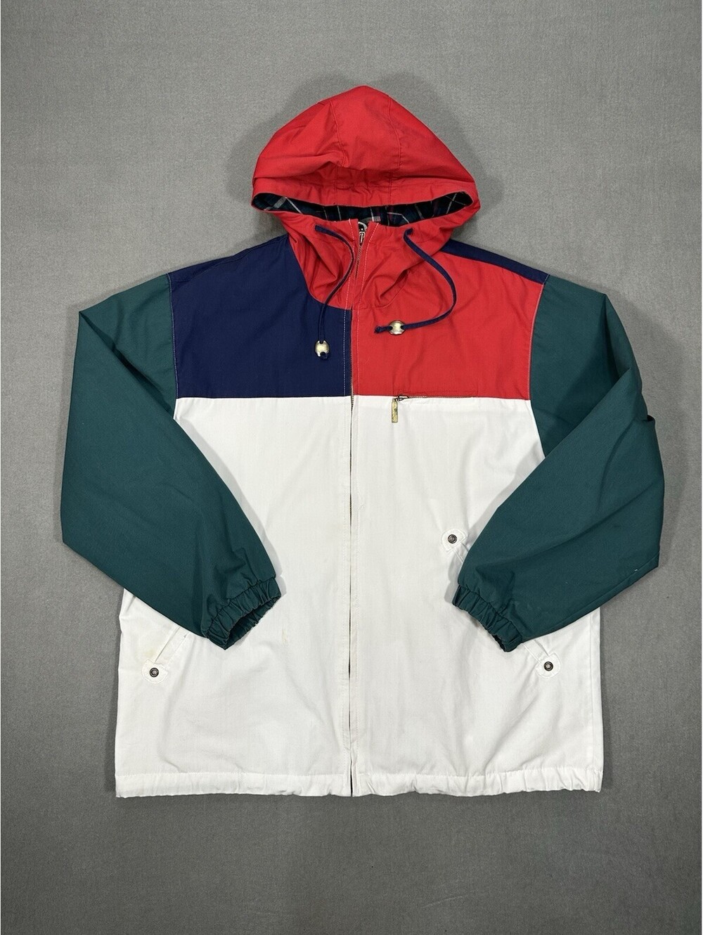 Out Brook Women’s Hooded Colorblock Jacket Medium Red White Blue Stains Workwear